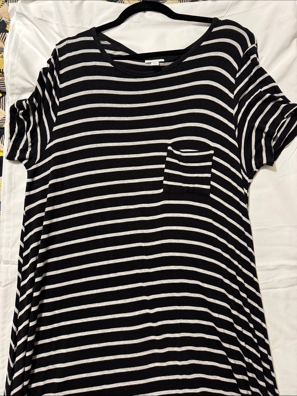 LuLaRoe Black and Soft Gray Striped Short Sleeve Pocket Tee Dress